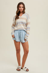 Cream Multi-Color Striped V-Neck Sweater