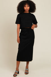 Black Short Sleeve Midi Skirt Set