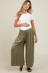 Olive Pleated Elastic Waist Wide Leg Crop Maternity Pants