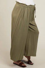 Olive Pleated Elastic Waist Wide Leg Crop Maternity Pants