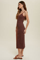 Brown Striped Ribbed Dress