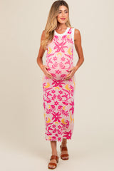 Fuchsia Floral Sleeveless Maternity Midi Dress