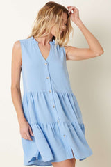 Blue Button Front Sleeveless Mini Dress