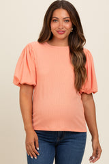 Peach Ribbed Puff Sleeve Maternity Top