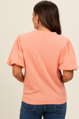 Peach Ribbed Puff Sleeve Maternity Top