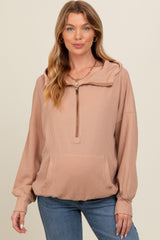 Mocha Waffle Knit Half Zip Relaxed Fit Maternity Hoodie