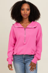 Pink Waffle Knit Half Zip Relaxed Fit Maternity Hoodie