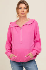 Pink Waffle Knit Half Zip Relaxed Fit Maternity Hoodie