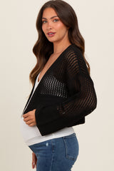 Black Open Knit Cropped Maternity Cardigan