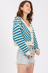 Teal Checker Stripe Button Up Cardigan