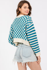 Teal Checker Stripe Button Up Cardigan