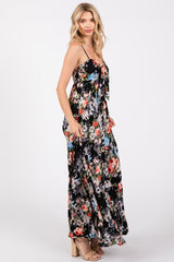 Black Floral Front Tie Maxi Dress