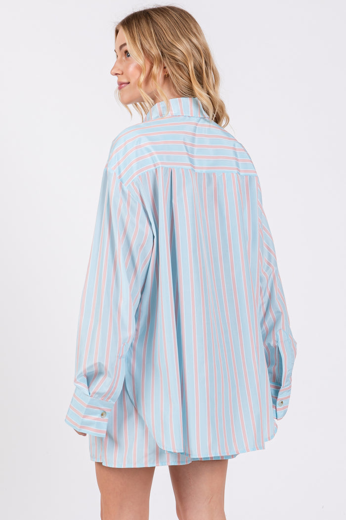 Light Blue Striped Button Down Top and Short Set
