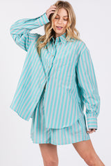 Aqua Striped Button Down Top and Short Set