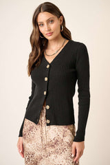 Black Rib Knit Button Front Sweater Cardigan