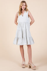 Off White Vertical Striped V Neck Sleeveless Midi Dress