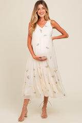 Lavender Ditsy Floral Embroidered V Neck Tiered Maternity Dress