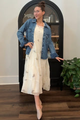 Lavender Ditsy Floral Embroidered V Neck Tiered Dress