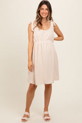 Beige Solid Tie-Shoulder Scoop Neck Maternity Dress