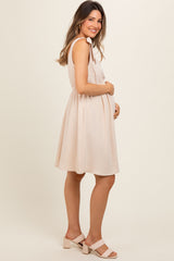 Beige Solid Tie-Shoulder Scoop Neck Maternity Dress