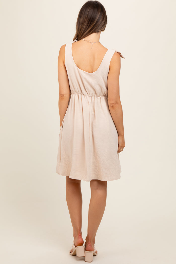 Beige Solid Tie-Shoulder Scoop Neck Maternity Dress