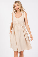 Beige Solid Tie-Shoulder Scoop Neck Dress