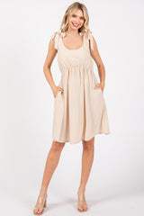 Beige Solid Tie-Shoulder Scoop Neck Dress