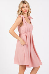 Pink Solid Tie-Shoulder Scoop Neck Dress