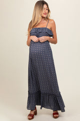 Navy Smocked Sleeveless Floral Maternity Maxi Dress