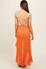 Orange Sheer Ruffle Accent Maternity Cover Up