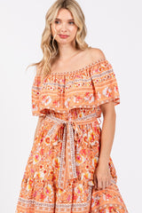 Peach Floral Off Shoulder Maxi Dress