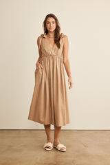 Mocha Linen Shoulder Tie Midi Dress