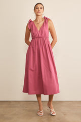 Magenta Linen Shoulder Tie Maternity Midi Dress