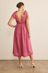 Magenta Linen Shoulder Tie Midi Dress