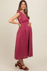 Magenta Linen Shoulder Tie Maternity Midi Dress