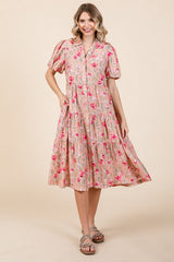 Peach Floral Button Down Tiered Maternity Midi Dress