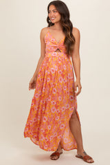 Orange Floral Front Cutout Side Slit Maternity Maxi Dress