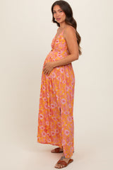 Orange Floral Front Cutout Side Slit Maternity Maxi Dress