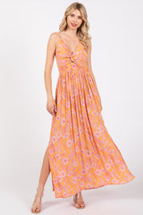 Orange Floral Front Cutout Side Slit Maxi Dress