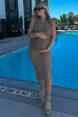 Mocha Crochet V-Neck Side Slit Maternity Cover Up