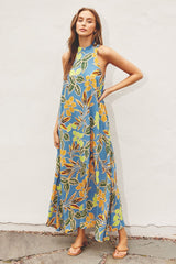 Blue Floral Halter Maternity Maxi Dress