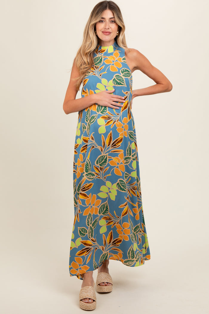 Blue Floral Halter Maternity Maxi Dress
