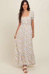 Ivory Floral Short Sleeve Maxi Dress