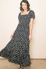 Black Floral Short Sleeve Maxi Dress