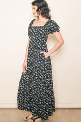 Black Floral Short Sleeve Maxi Dress