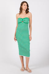 Green Striped Knit Strapless Midi Dress