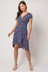 Navy Blue Floral Front Wrap Short Sleeve Maternity Dress