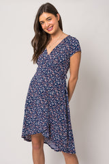 Navy Blue Floral Front Wrap Short Sleeve Dress