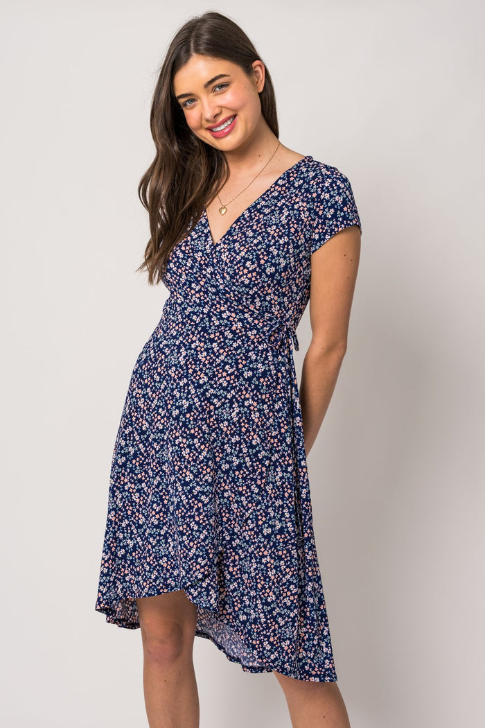 Navy Blue Floral Front Wrap Short Sleeve Dress