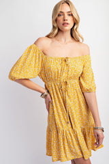 Yellow Floral Button Front Drawstring Waist Ruffle Dress